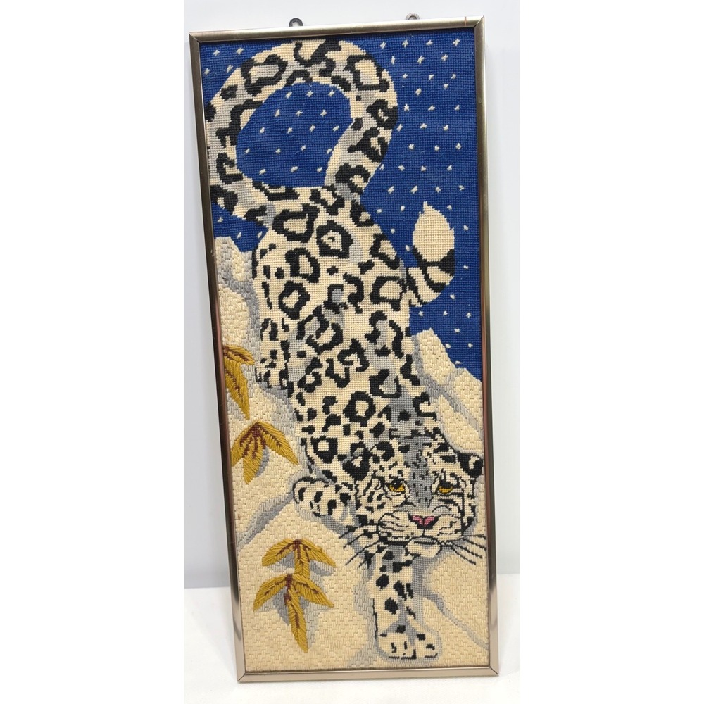 Vintage Snow Leopard Needlepoint Framed Wall Art Wildlife Big Cat 24.5x9.5 Blue